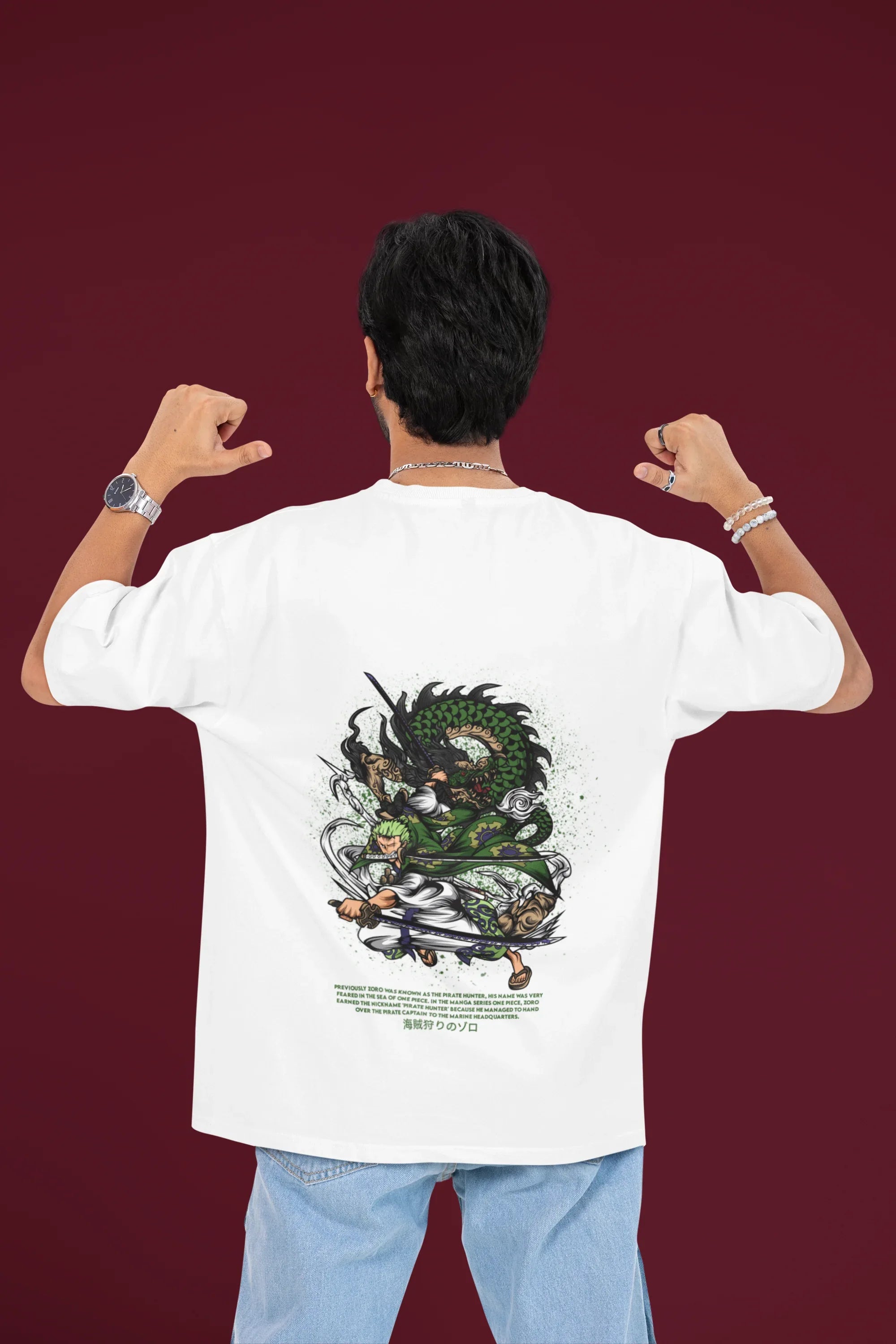 Oversized ZORO T-Shirt by Drippyx in heavy-weight terry cotton, showing the relaxed fit and textured fabric detail.